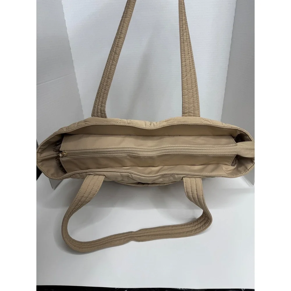 Lovevook Tan Quilted Nylon Tote Bag Padded Laptop Shoulder Bag Beige Large